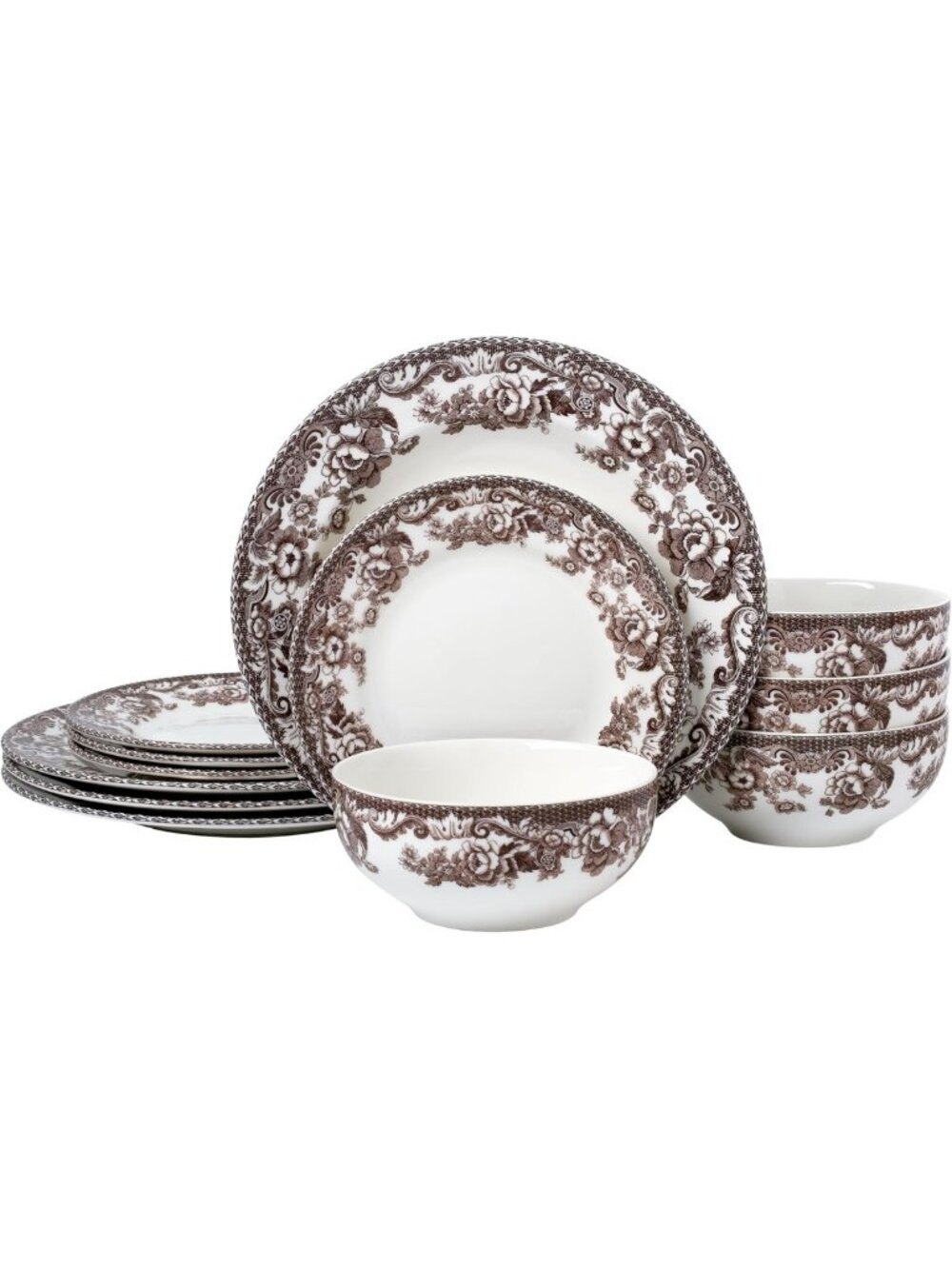 Elegant Brown Floral Border 12-Piece Chip-Resistant Porcelain Dinnerware Set